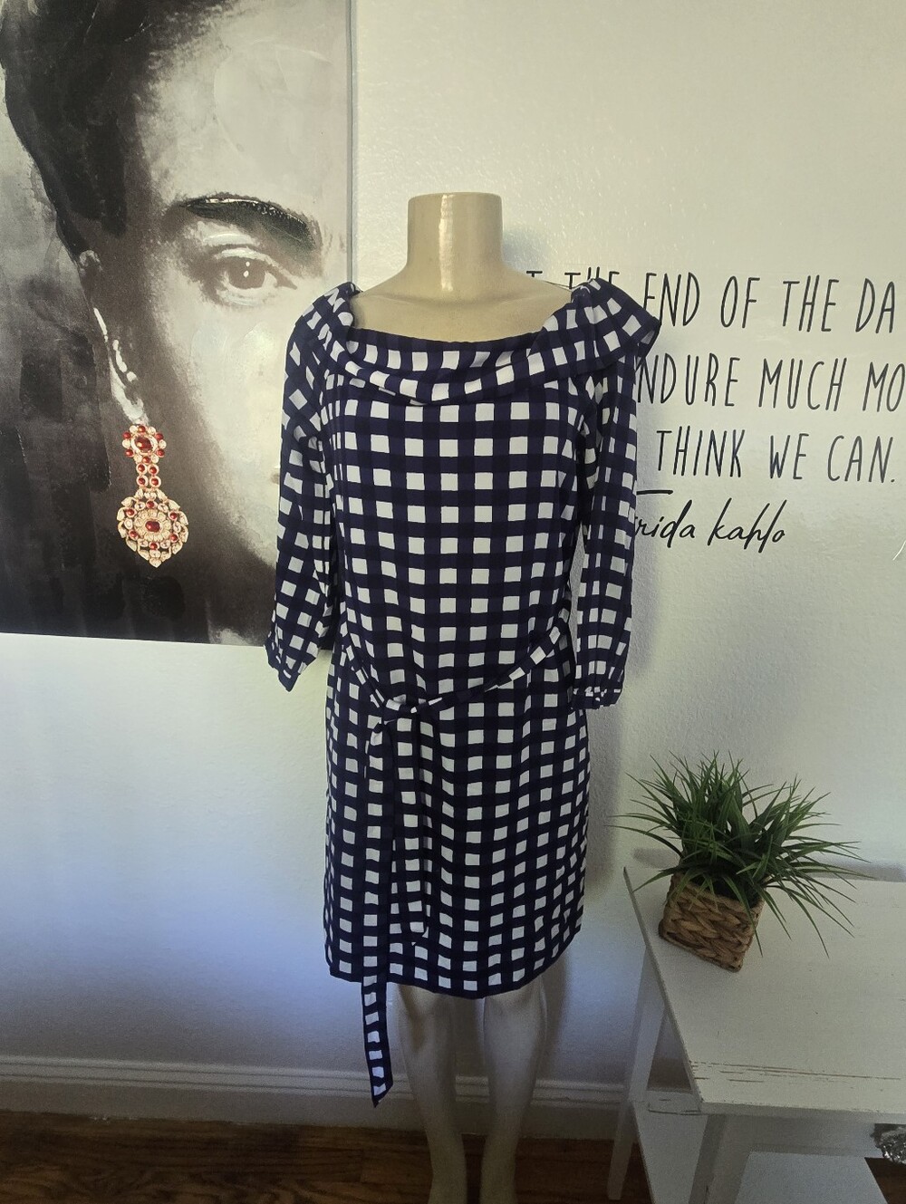 NWT Banana Republic Off The Shoulder Navy and White Checkered Belted Shift Dress